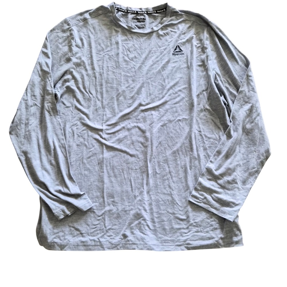 Reebok Mens Long Sleeve Performance Shirt Gray Heathered Crew Neck XL Logo